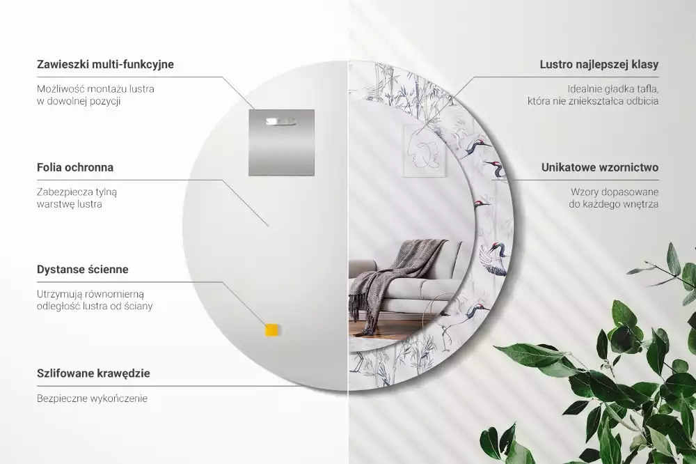 Kulaté dekorační zrcadlo Jeřáb ptáci