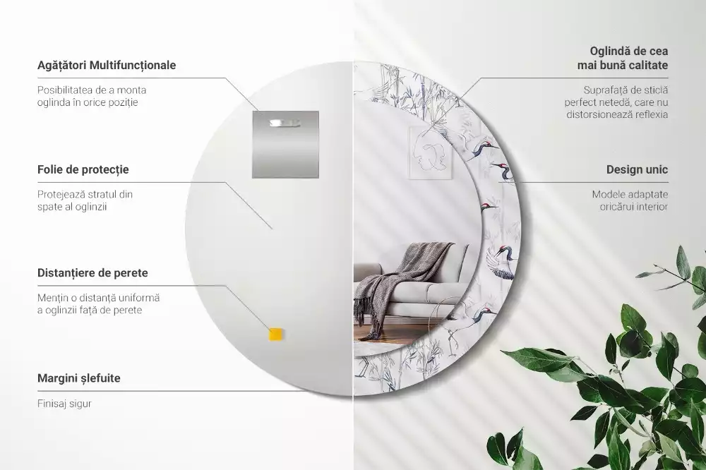 Kulaté dekorační zrcadlo Jeřáb ptáci