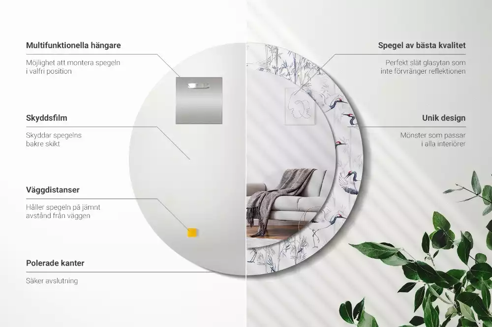 Kulaté dekorační zrcadlo Jeřáb ptáci