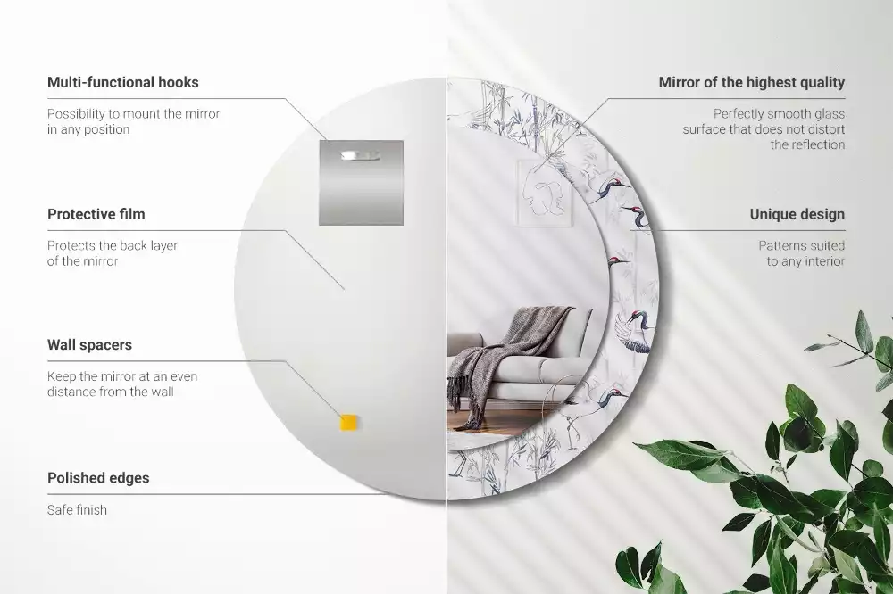 Kulaté dekorační zrcadlo Jeřáb ptáci