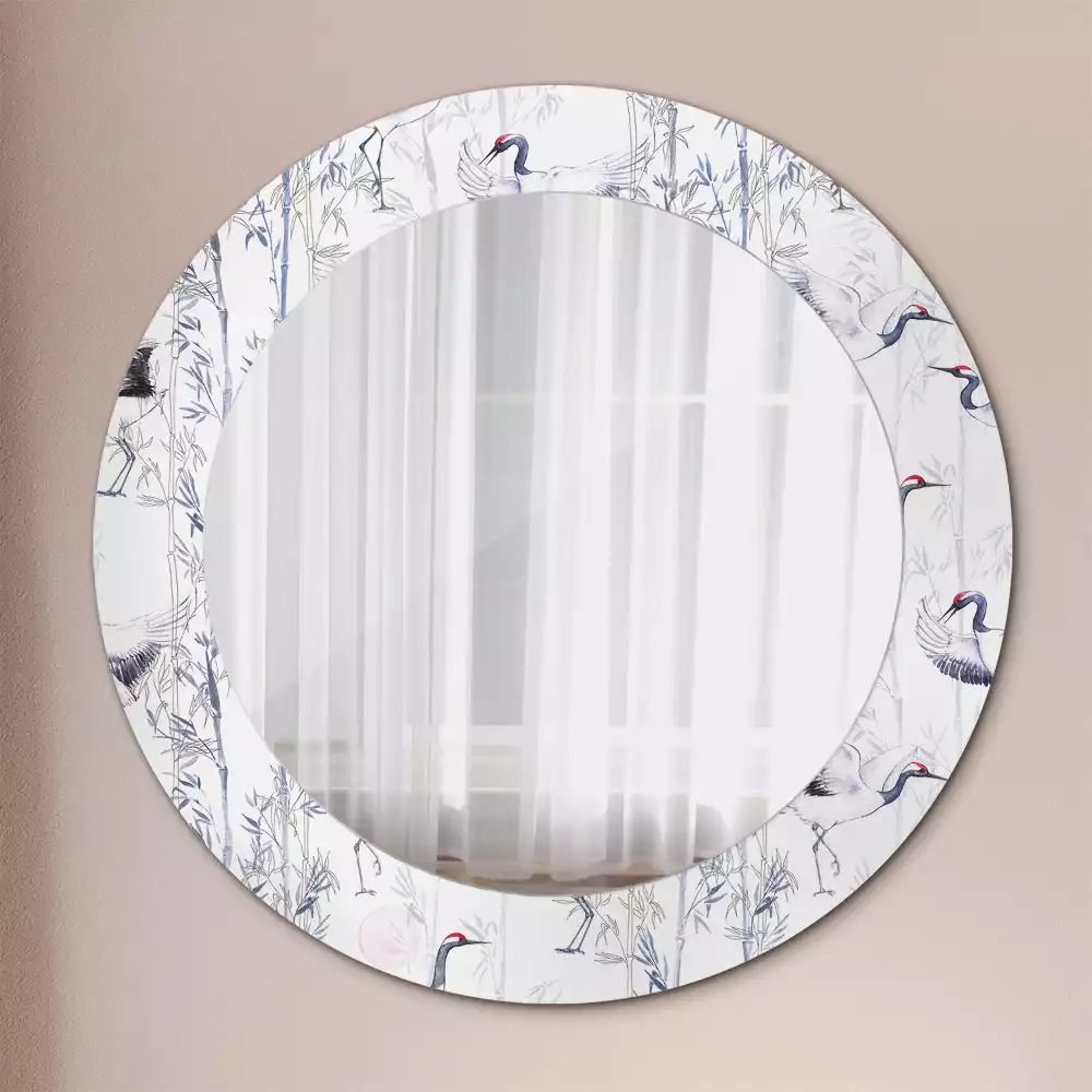 Kulaté dekorační zrcadlo Jeřáb ptáci