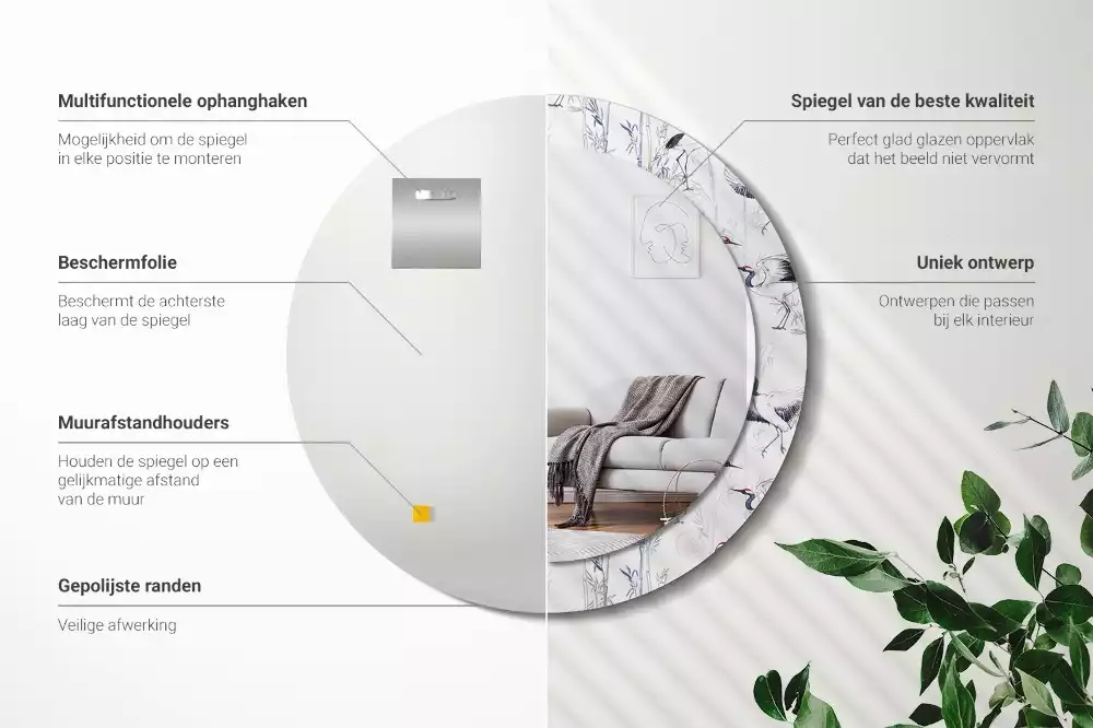 Kulaté dekorační zrcadlo Jeřáb ptáci