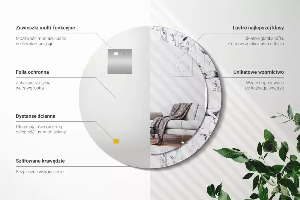 Kulaté dekorační zrcadlo Jeřáb ptáci