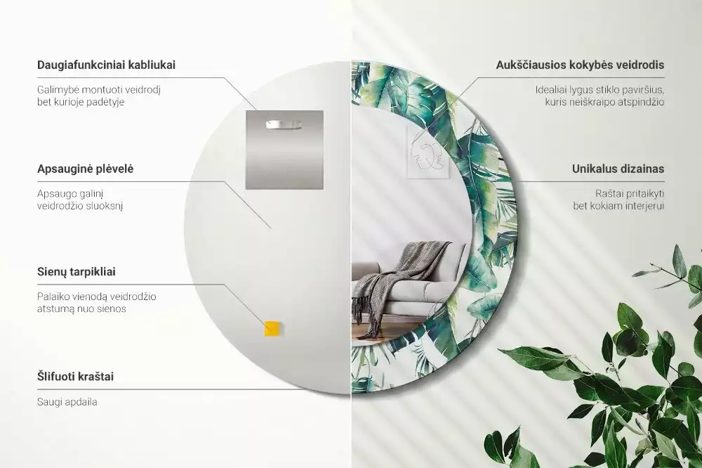 Kulaté dekorační zrcadlo Listy