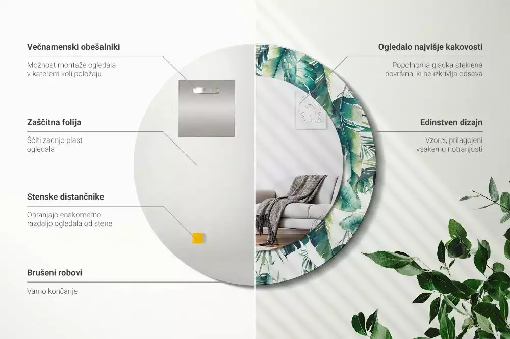 Kulaté dekorační zrcadlo Listy