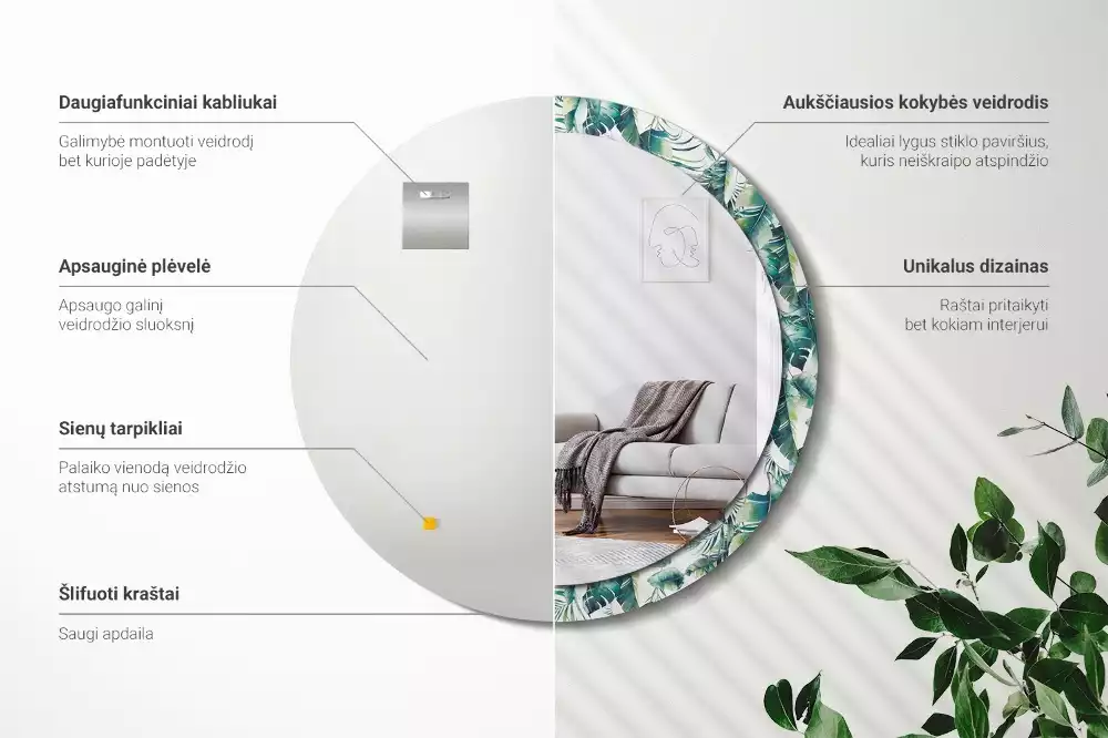 Kulaté dekorační zrcadlo na zeď Černé a bílé peří