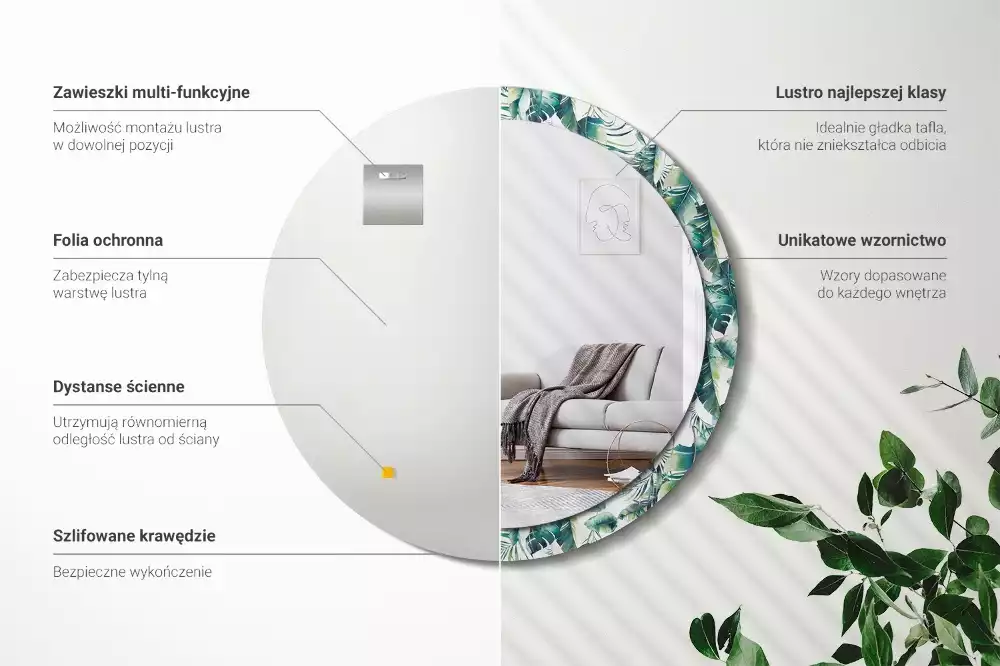 Kulaté dekorační zrcadlo na zeď Černé a bílé peří