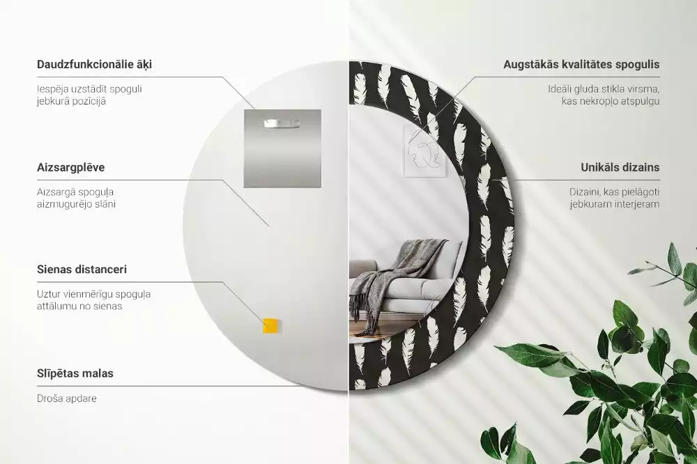 Kulaté dekorační zrcadlo na zeď Černé a bílé peří