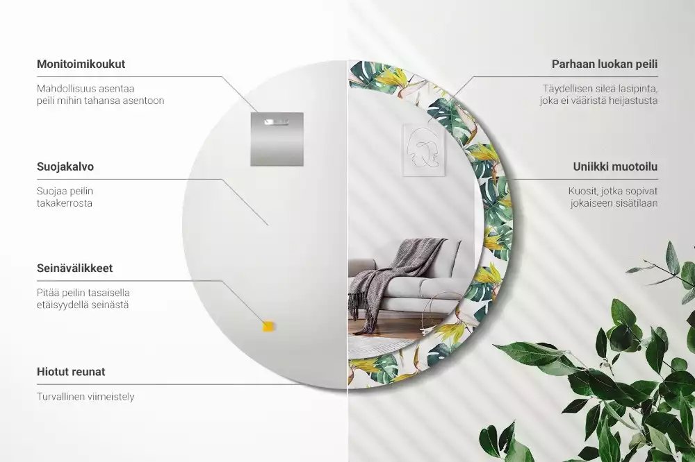 Kulaté dekorační zrcadlo Tropické listy