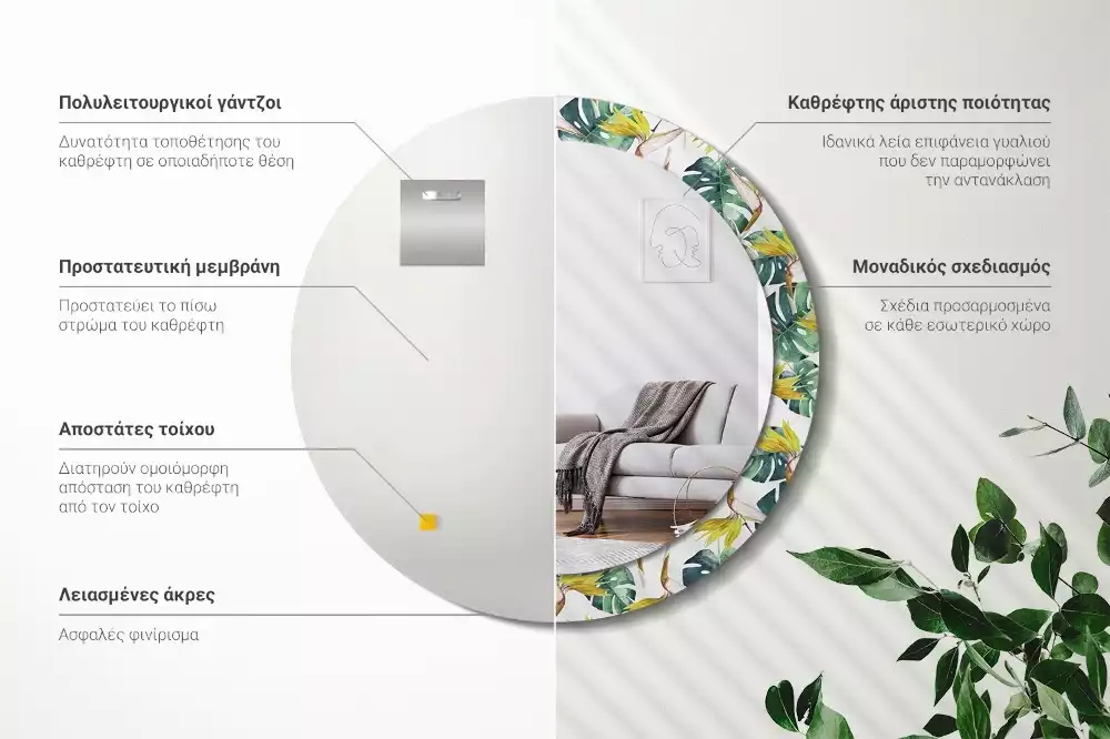 Kulaté dekorační zrcadlo Tropické listy