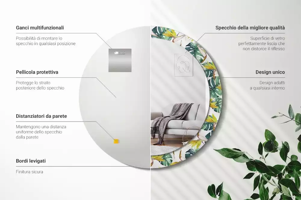 Kulaté dekorační zrcadlo Tropické listy