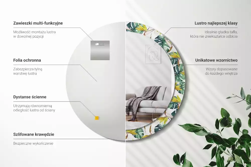 Kulaté dekorační zrcadlo Tropické listy