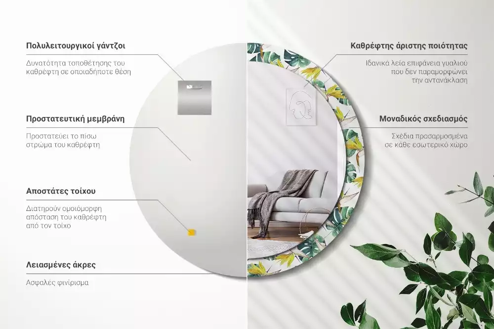 Kulaté dekorační zrcadlo Tropické listy