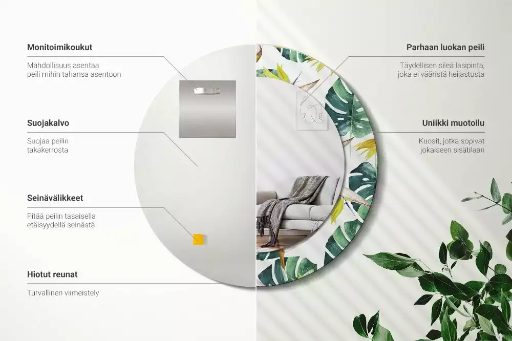 Kulaté dekorační zrcadlo Tropické listy