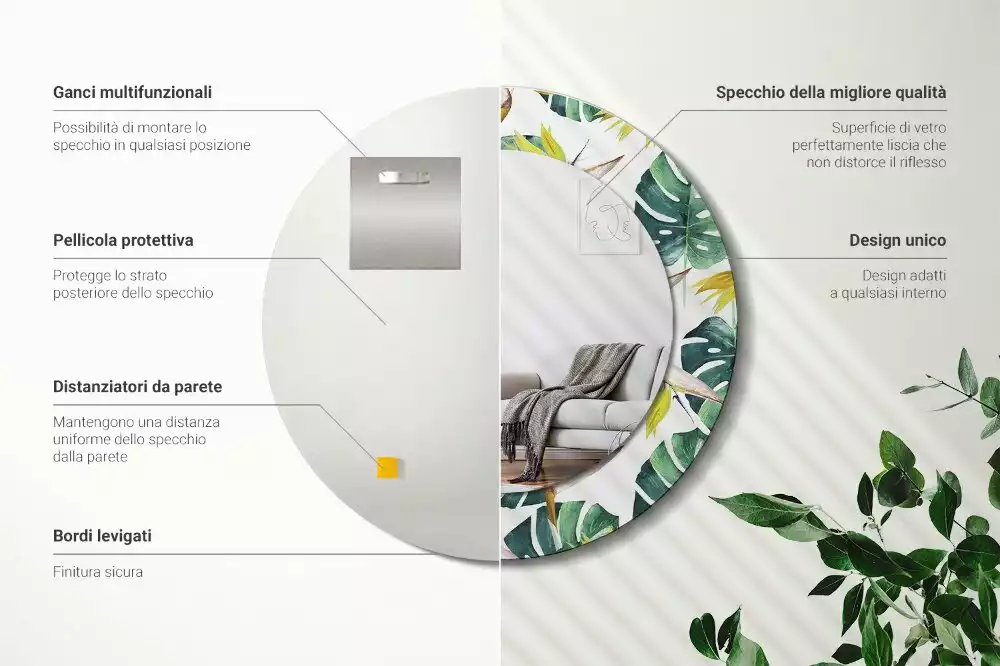 Kulaté dekorační zrcadlo Tropické listy