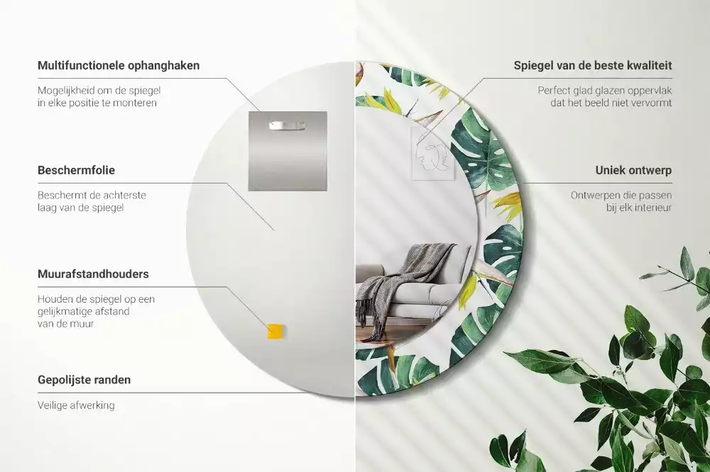 Kulaté dekorační zrcadlo Tropické listy