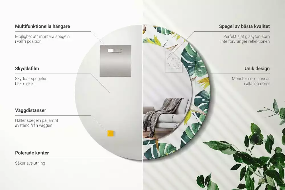 Kulaté dekorační zrcadlo Tropické listy