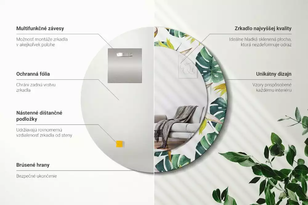 Kulaté dekorační zrcadlo Tropické listy