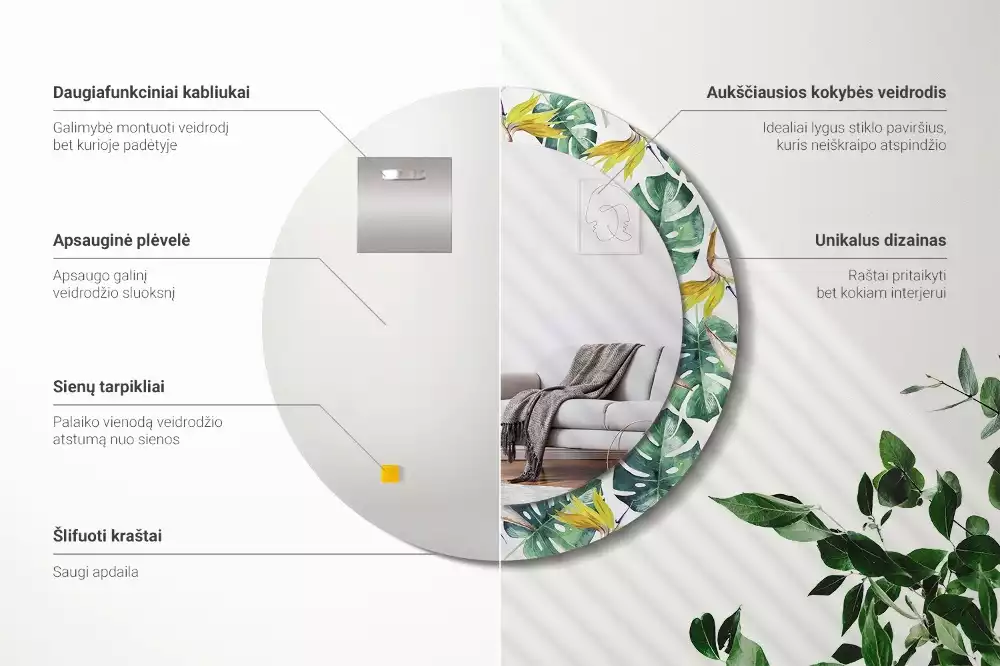 Kulaté dekorační zrcadlo Tropické listy