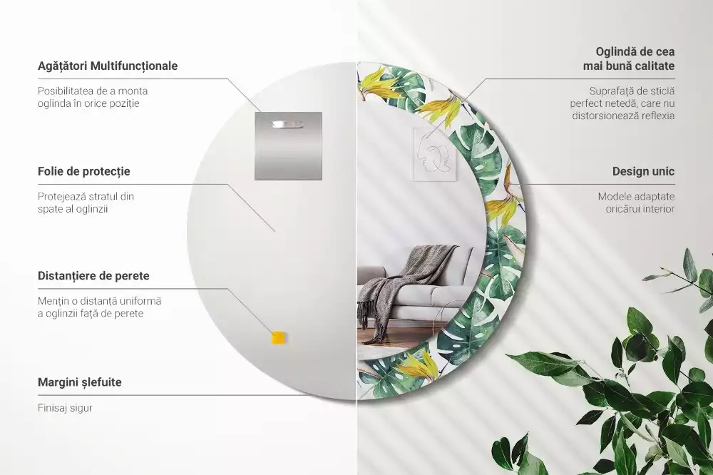 Kulaté dekorační zrcadlo Tropické listy