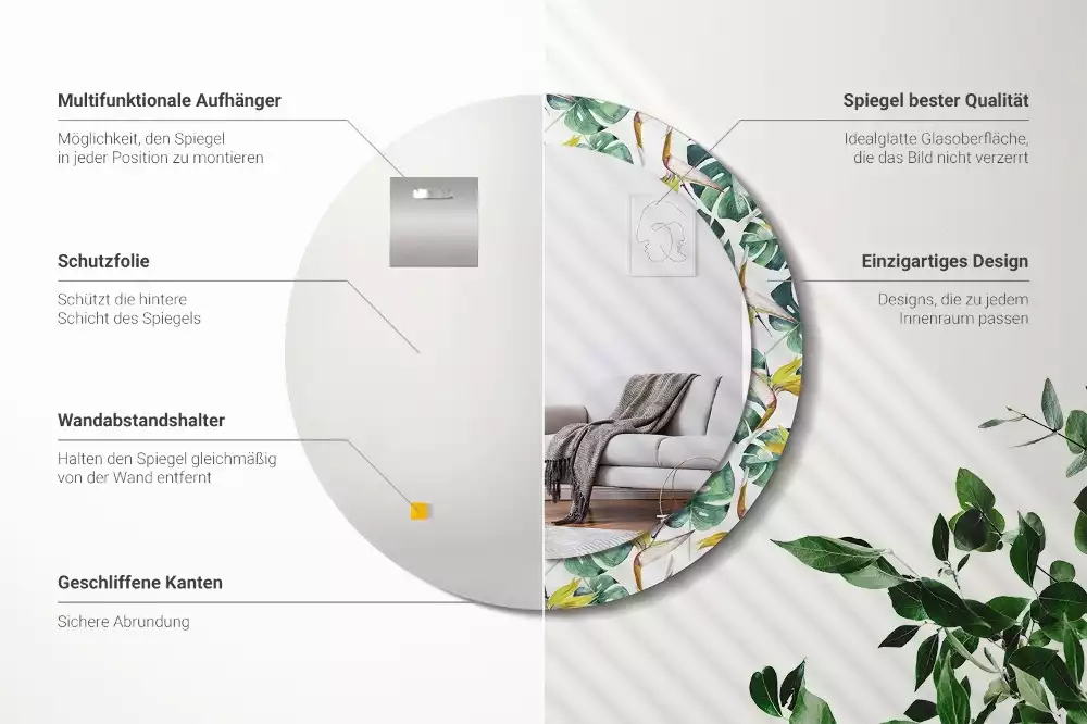 Kulaté dekorační zrcadlo Tropické listy