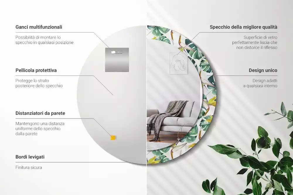 Kulaté dekorační zrcadlo Tropické listy