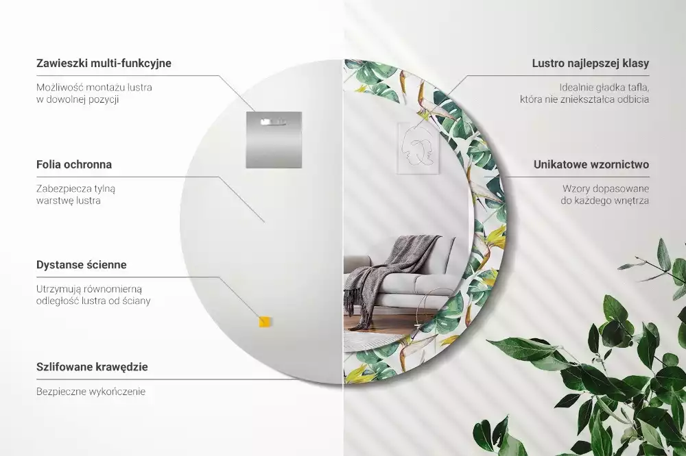 Kulaté dekorační zrcadlo Tropické listy