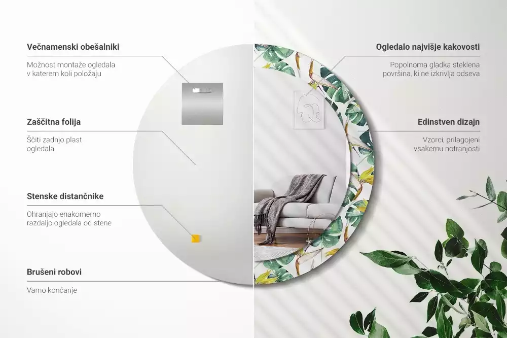 Kulaté dekorační zrcadlo Tropické listy