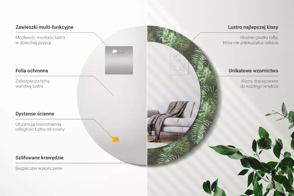 Kulaté dekorační zrcadlo Tropické listy