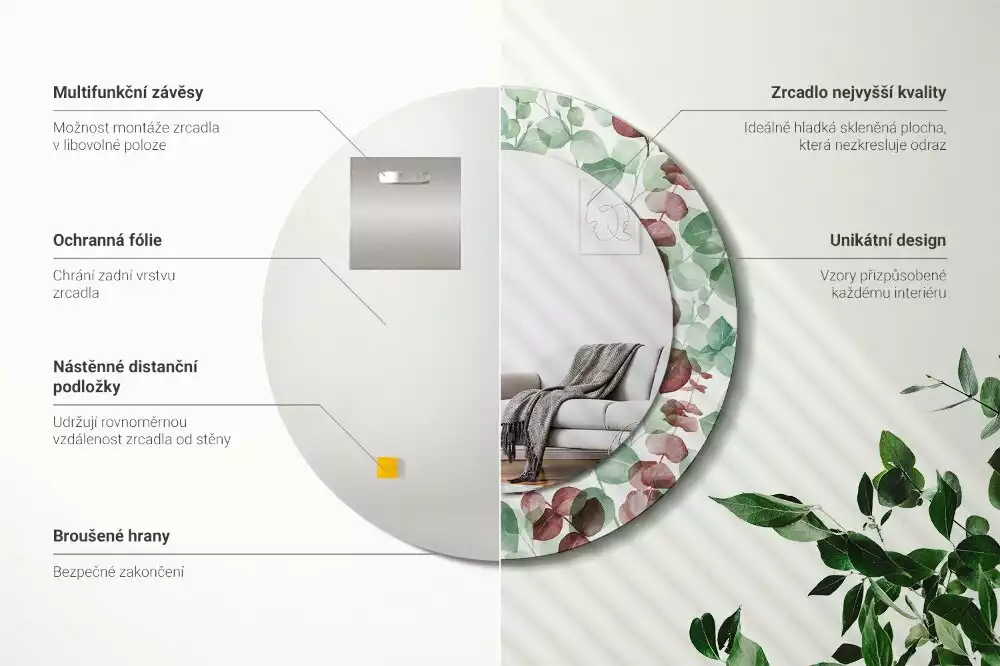 Kulaté dekorační zrcadlo Eukalyptus