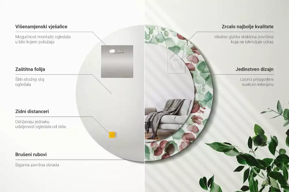 Kulaté dekorační zrcadlo Eukalyptus