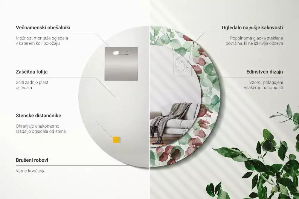 Kulaté dekorační zrcadlo Eukalyptus