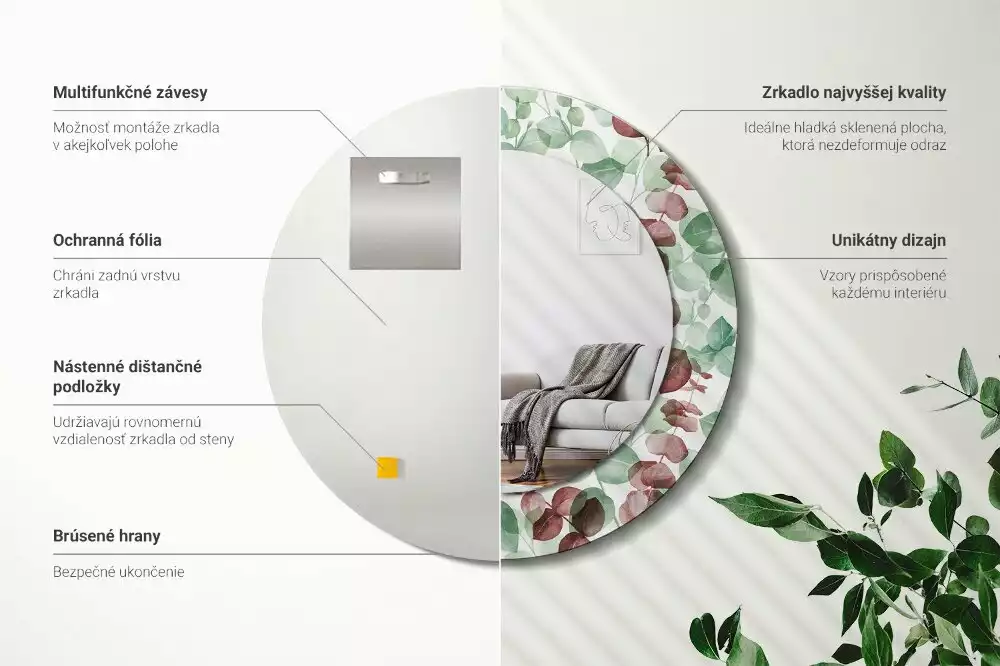 Kulaté dekorační zrcadlo Eukalyptus