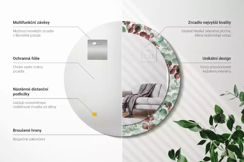 Kulaté dekorační zrcadlo Eukalyptus