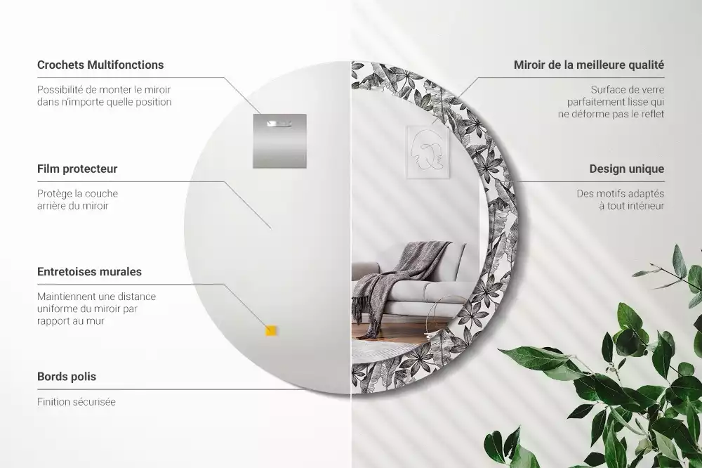 Kulaté dekorační zrcadlo Tropické listy