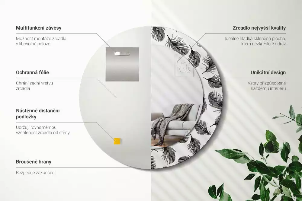 Kulaté dekorační zrcadlo na zeď Peří