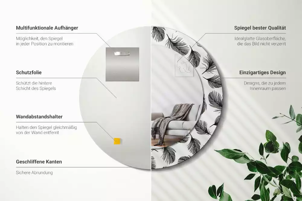 Kulaté dekorační zrcadlo na zeď Peří