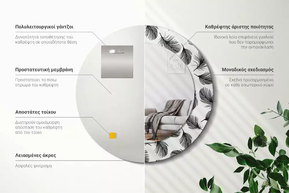 Kulaté dekorační zrcadlo na zeď Peří