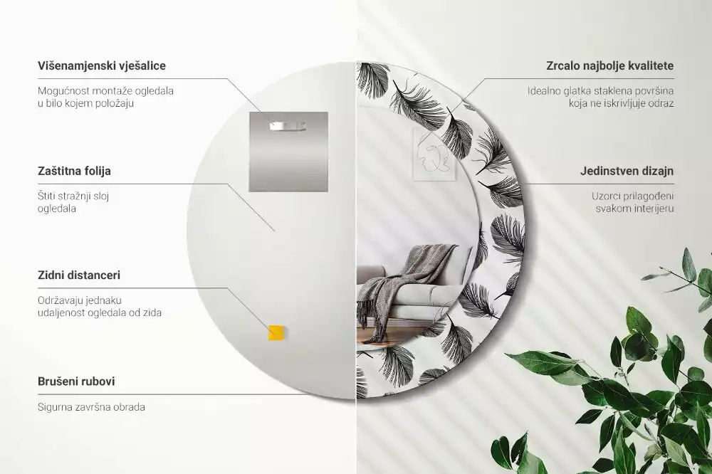 Kulaté dekorační zrcadlo na zeď Peří