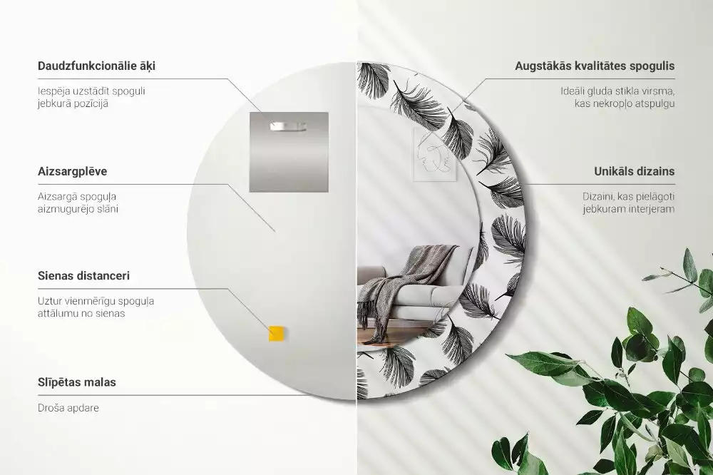 Kulaté dekorační zrcadlo na zeď Peří