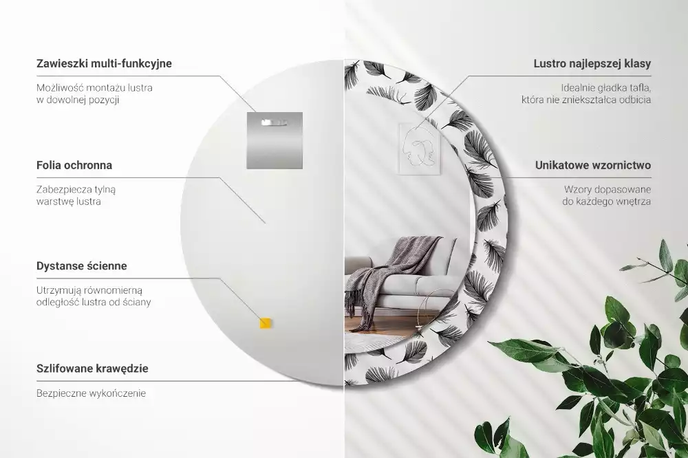 Kulaté dekorační zrcadlo na zeď Peří