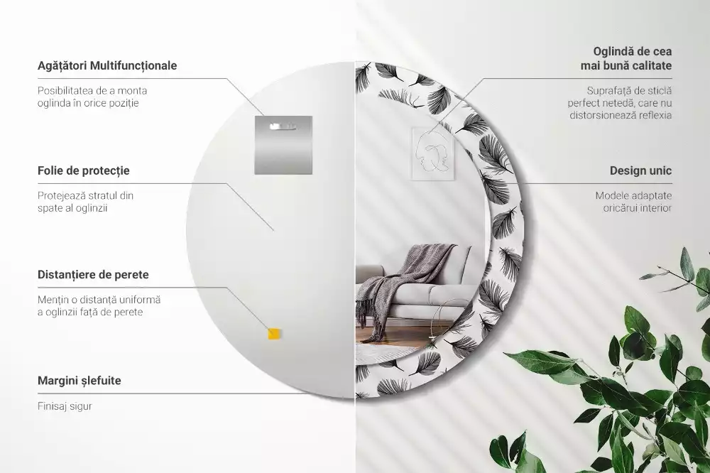 Kulaté dekorační zrcadlo na zeď Peří