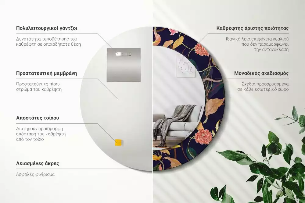 Kulaté dekorační zrcadlo na zeď Akvarel rostliny