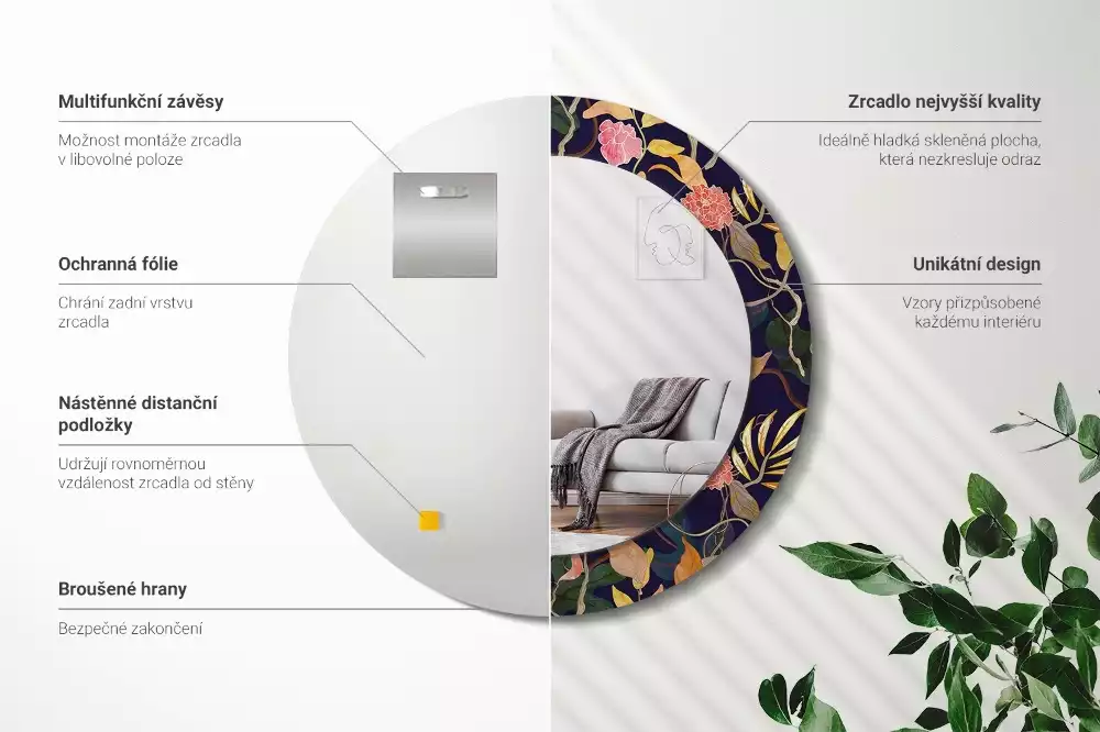 Kulaté dekorační zrcadlo na zeď Akvarel rostliny