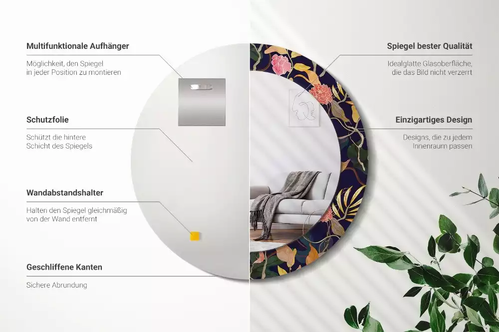 Kulaté dekorační zrcadlo na zeď Akvarel rostliny