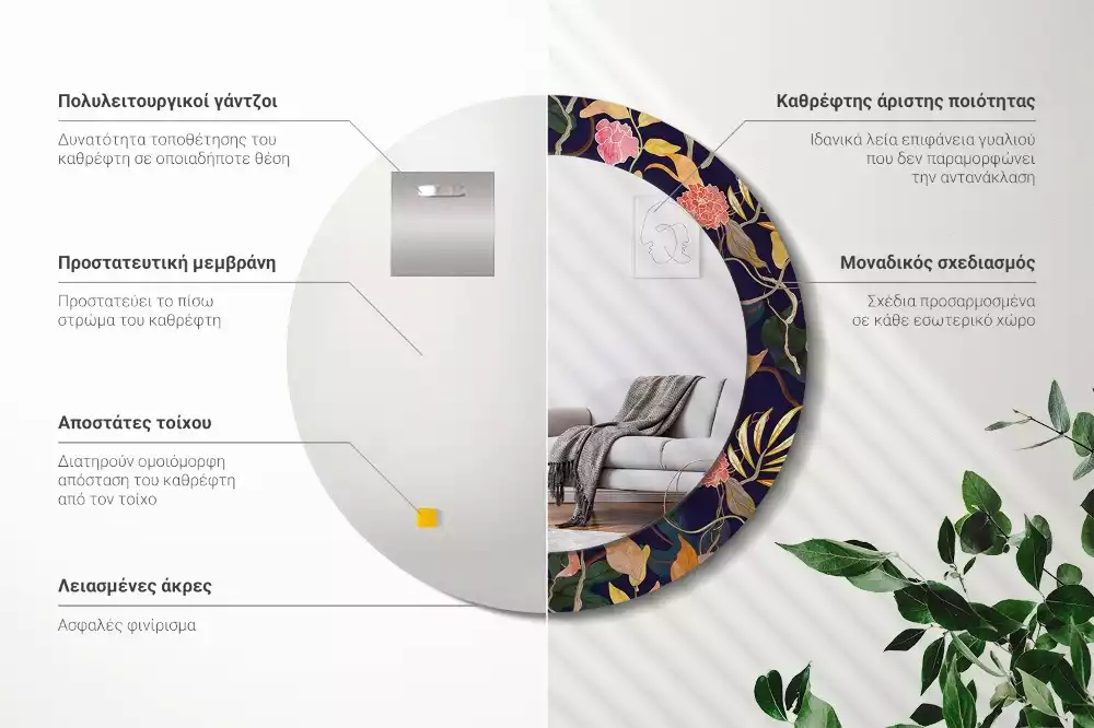 Kulaté dekorační zrcadlo na zeď Akvarel rostliny