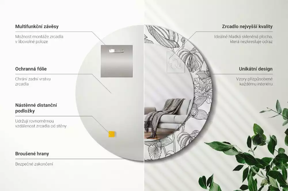 Kulaté dekorační zrcadlo na zeď květinový vzor