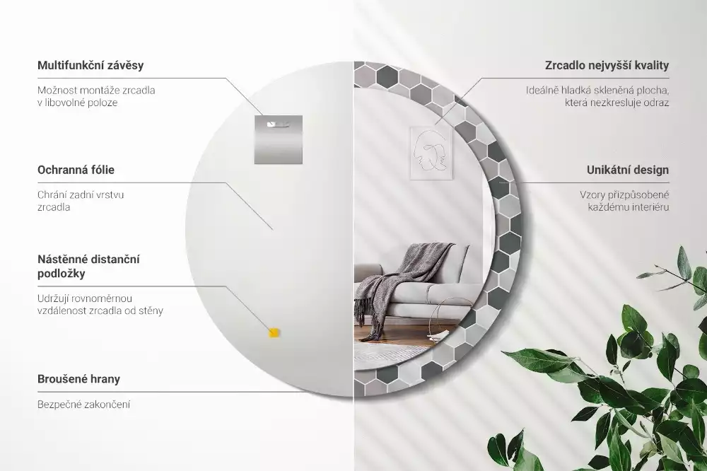 Kulaté dekorační zrcadlo na zeď Šestihranný vzor