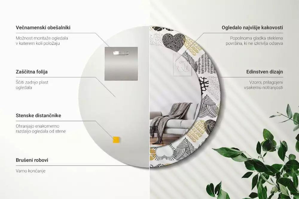 Kulaté zrcadlo s potiskem Srdce Doodle styl