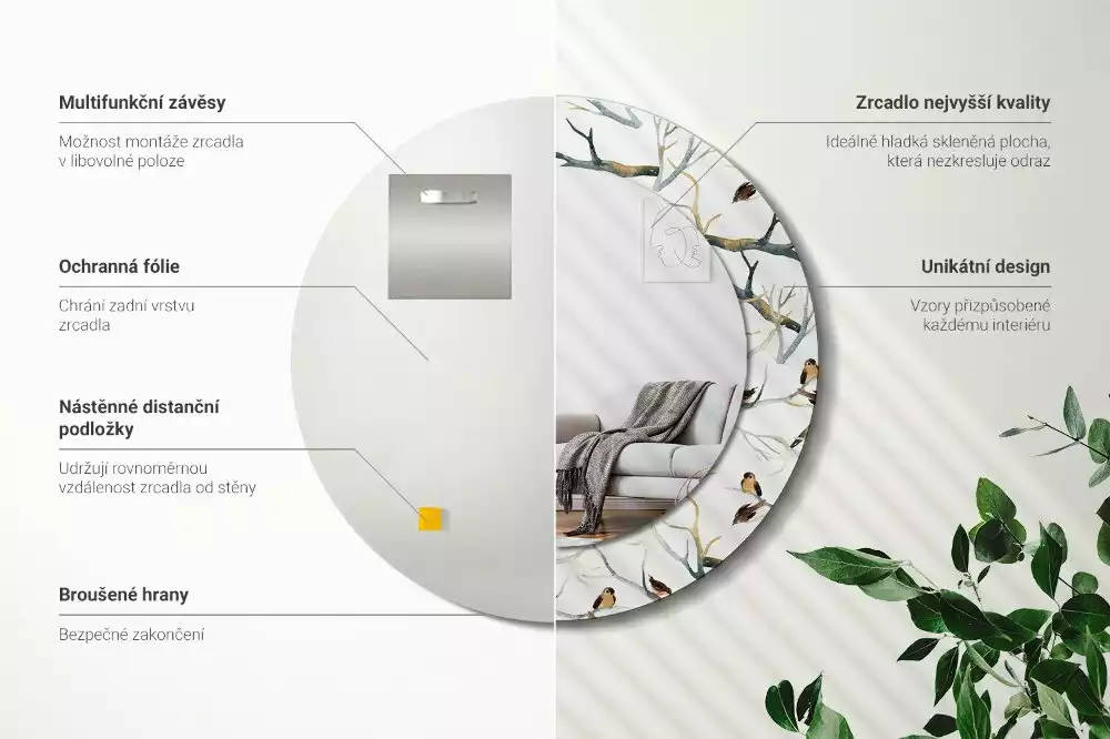 Kulaté dekorativní zrcadlo na zeď Vrabci ptáci větve